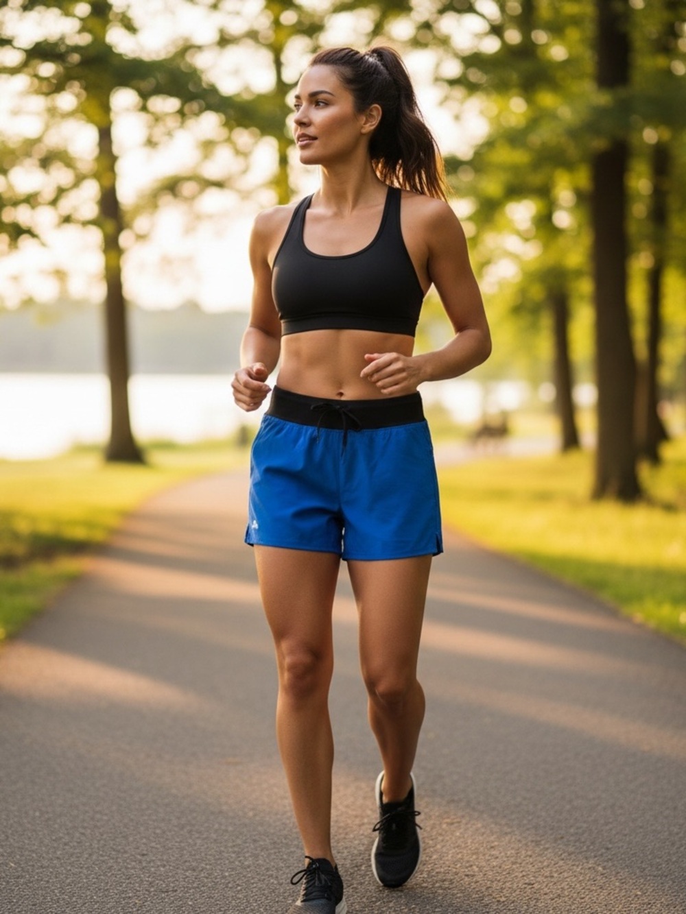 Women's Athletic Blue Running Shorts with Black Waistband